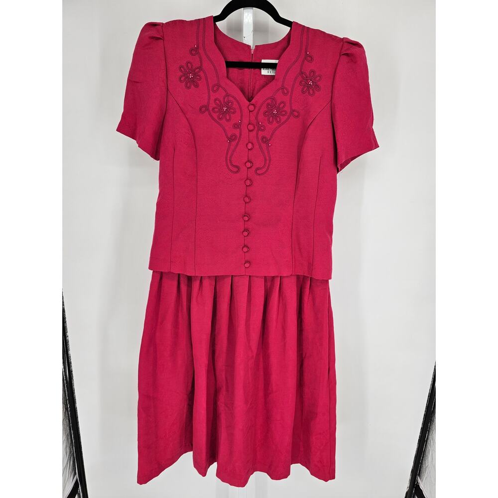 Vtg Halmode Petites 12P Midi Formal Dress Bright Pink Suit Style Embroidered